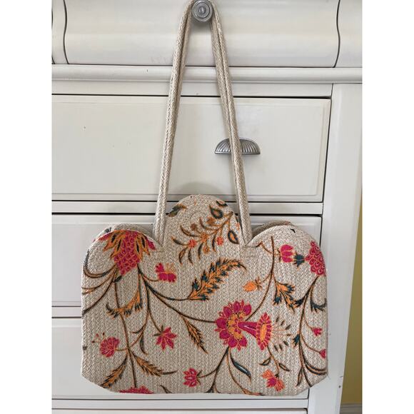 Antik Kraft Tan Floral Purse Shoulder Bag Tote 100% Jute Bohemian Indie Cottage - Picture 3 of 9